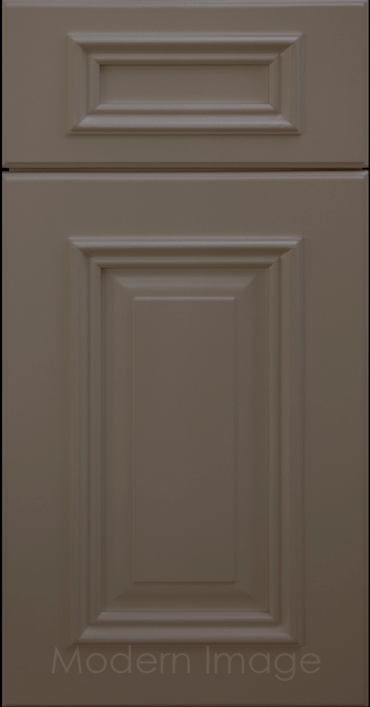 Hamilton cabinet door in Magnetic Gray color with double raised panel and mitered elevated molding.